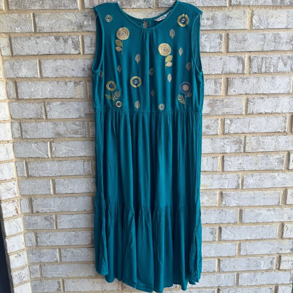 Max Sleeveless Embroidered Floral Teal Blue Tiered Dress Women's Size M